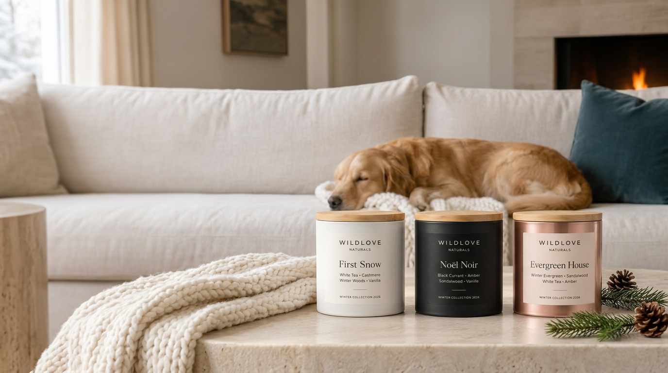 White, black and rose-gold Wildlove candles with a sleeping dog, wool and natural stone in a warm winter home