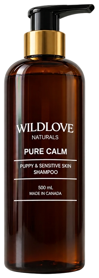 Wildlove Naturals Pure Calm Puppy and Sensitive Skin Shampoo in a 500 mL amber glass pump bottle