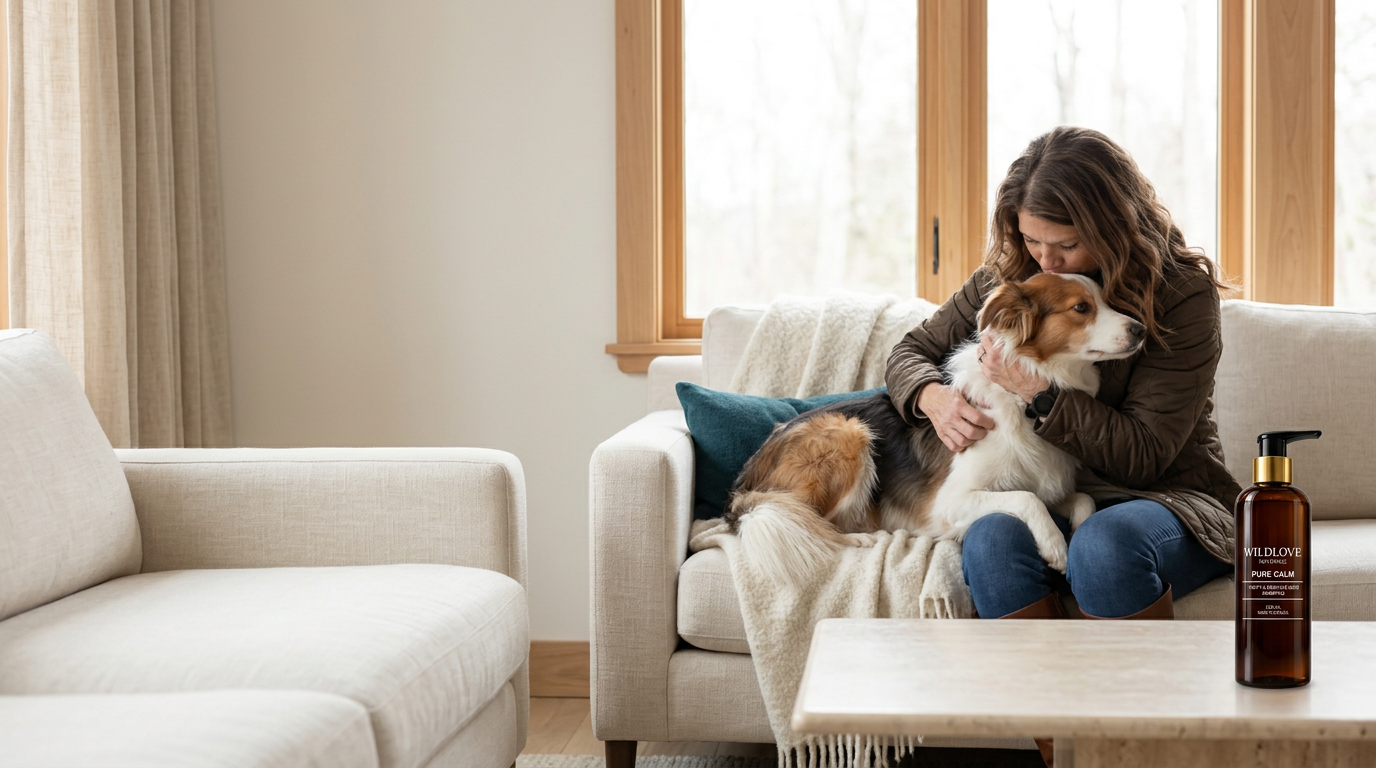 A beloved Border Collie held close on a linen sofa, with Wildlove Pure Calm on a natural stone table